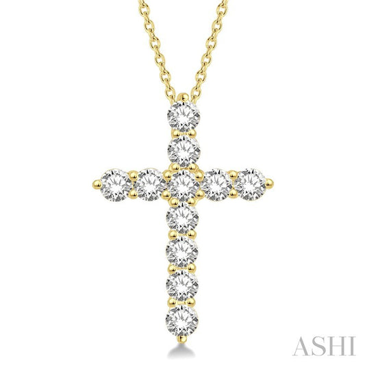 1 1/2 Ctw Round Cut Diamond Cross Pendant in 14K Yellow Gold with Chain