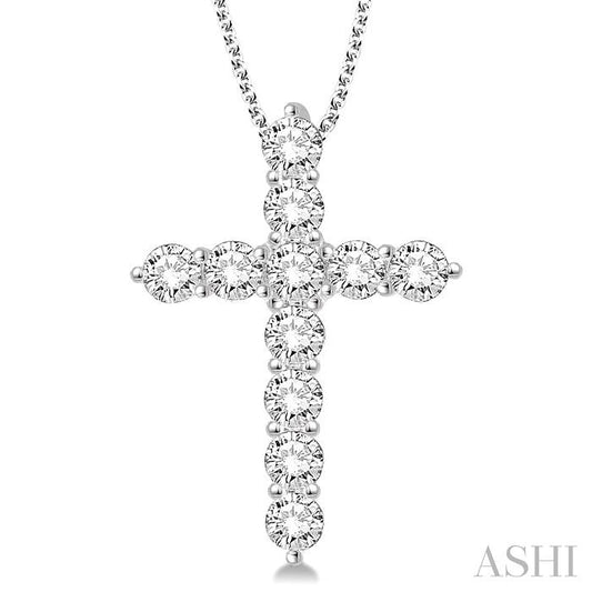 2 Ctw Round Cut Diamond Cross Pendant in 14K White Gold with Chain