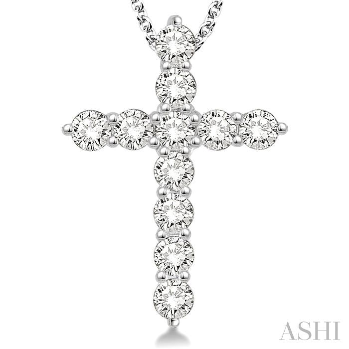 2 Ctw Round Cut Diamond Cross Pendant in 14K White Gold with Chain