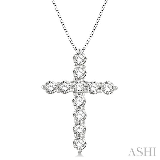1 Ctw Round Cut Diamond Cross Pendant in 14K White Gold with Chain