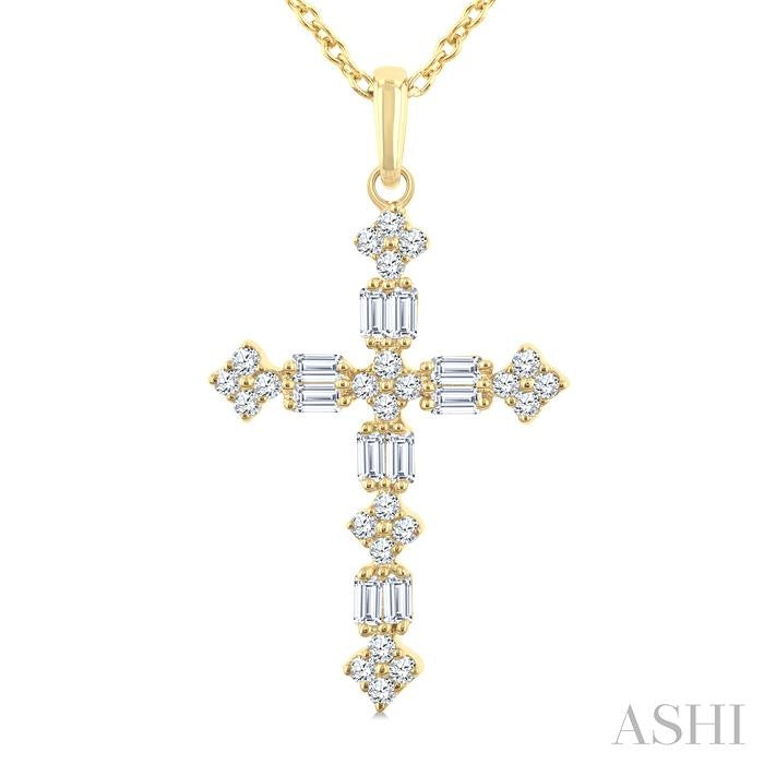 1/3 Ctw Floral Cross Fusion Baguette and Round Cut Diamond Fashion Pendant With Chain in 14K Yellow Gold