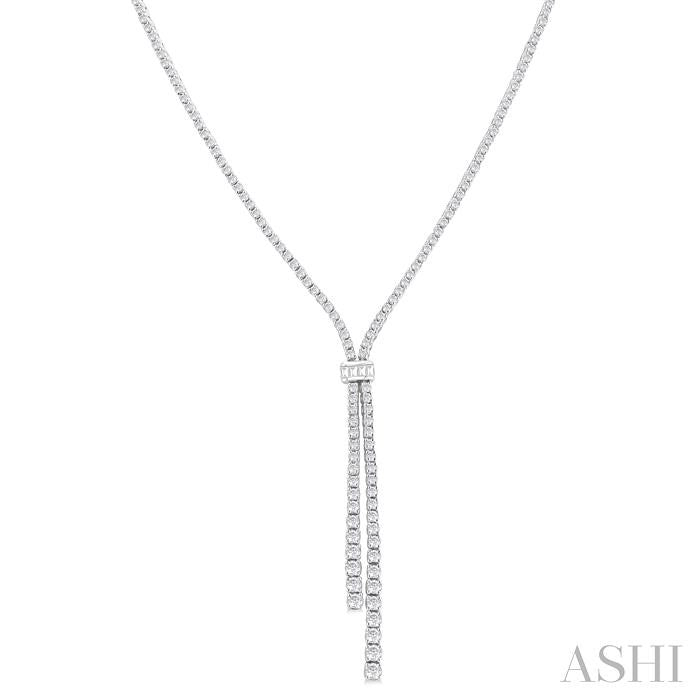 3 Ctw Split Y-Shape Baguette and Round Cut Diamond Lariat Necklace in 14K White Gold
