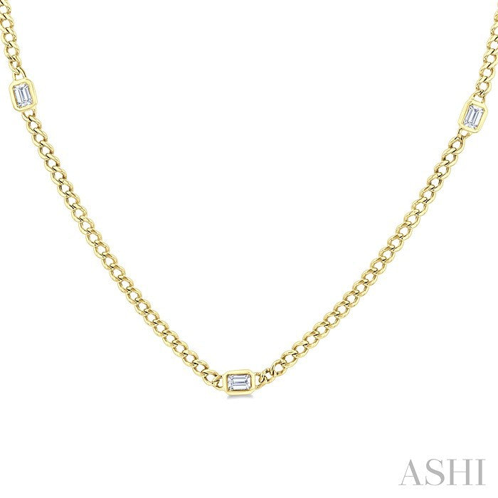 1/2 Ctw Bezel-Set Octagon Shape Round Cut Diamond Curb & Cuban Link Fashion Station Necklace in 14K Yellow Gold