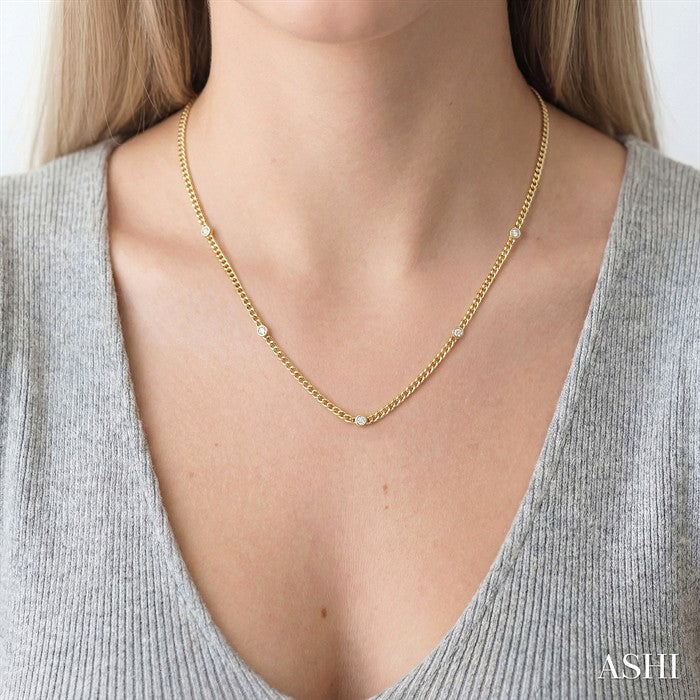 1/2 Ctw Bezel-Set Round-Cut Diamond Curb & Cuban Link Fashion Station Necklace in 14K Yellow Gold