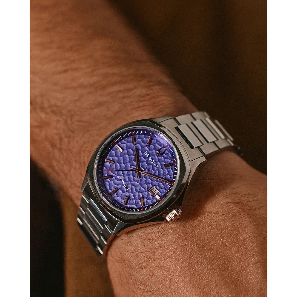 Bulova NYC 96B484, 39mm purple dial stainless steel, Mens