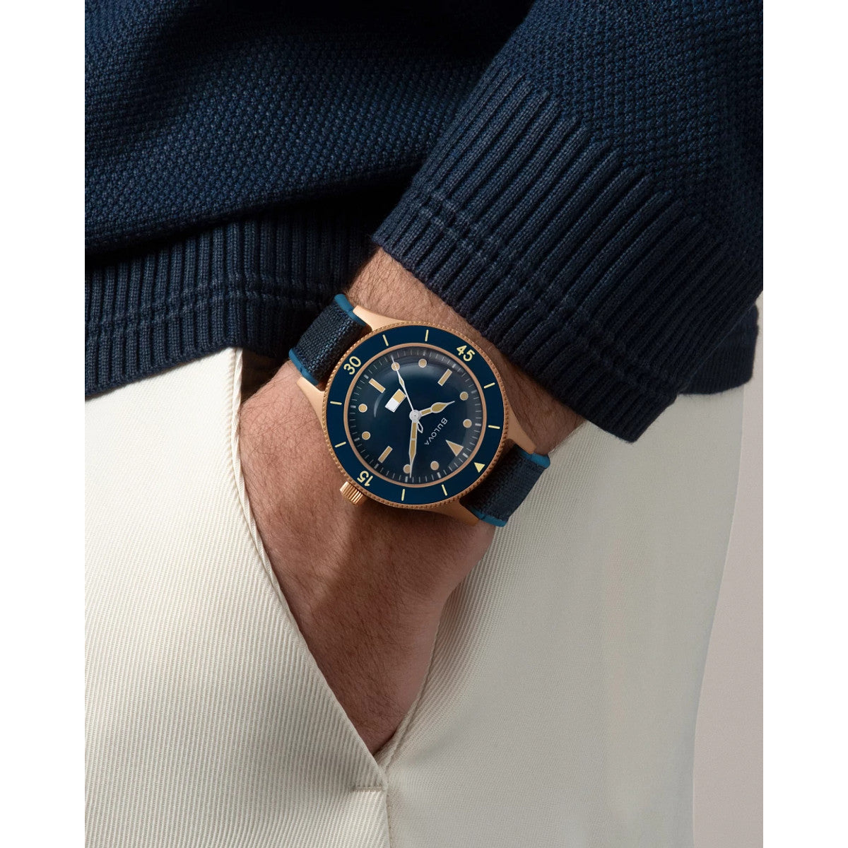 Bulova Archive 98A325, 18mm blue dial bronze #cusn8, Mens