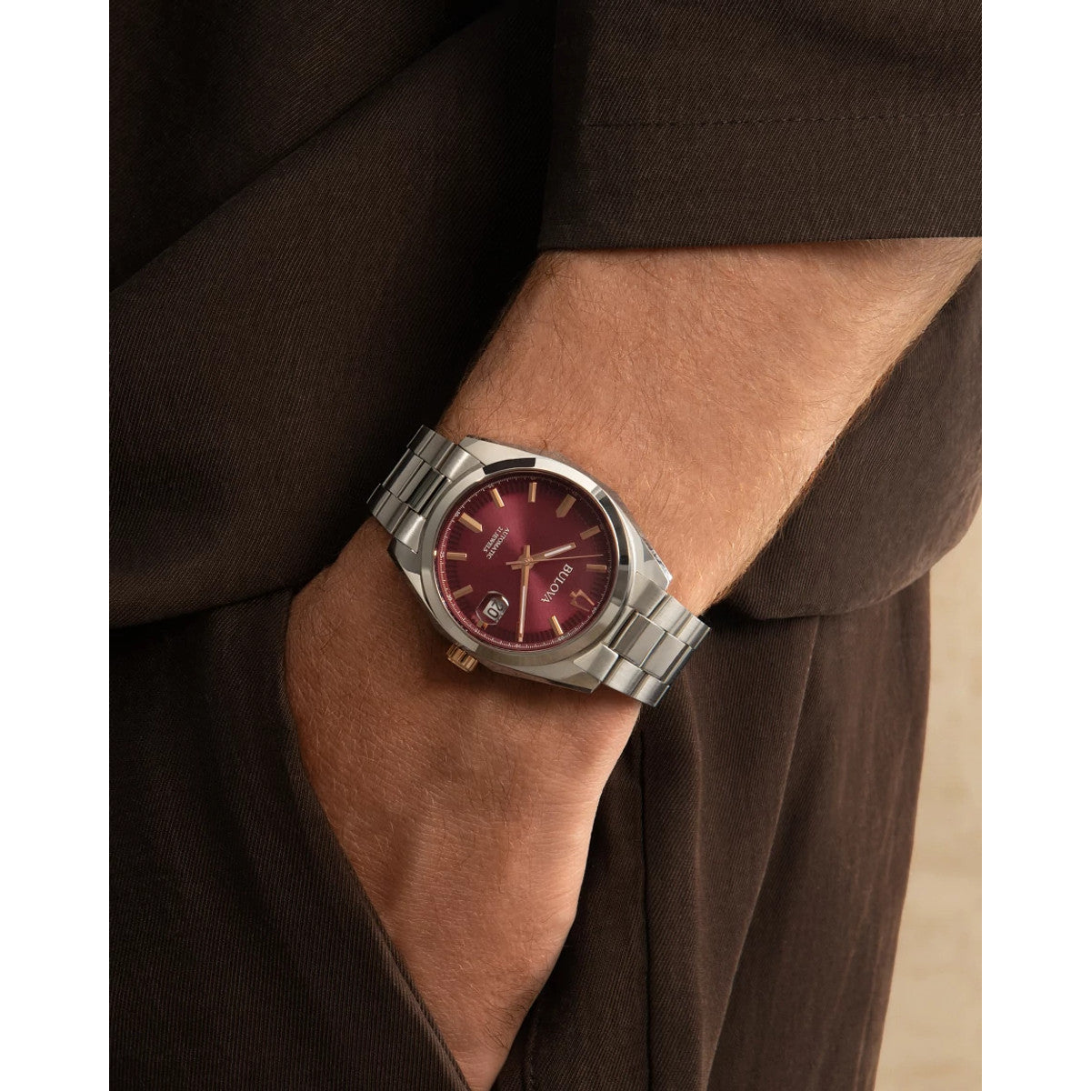 Bulova Surveyor 98B422, 39mm burgundy dial stainless steel, Mens