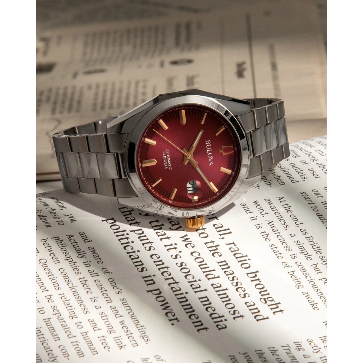 Bulova Surveyor 98B422, 39mm burgundy dial stainless steel, Mens