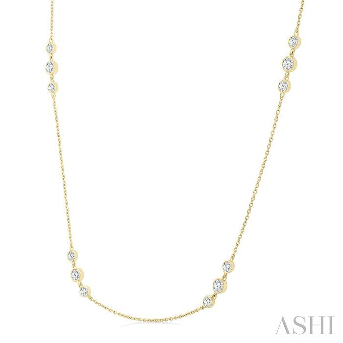 1 Ctw Three Stone Bezel Set Round Cut Diamond Station Necklace in 14K Yellow Gold
