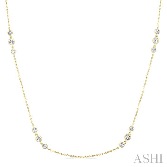 1 Ctw Three Stone Bezel Set Round Cut Diamond Station Necklace in 14K Yellow Gold