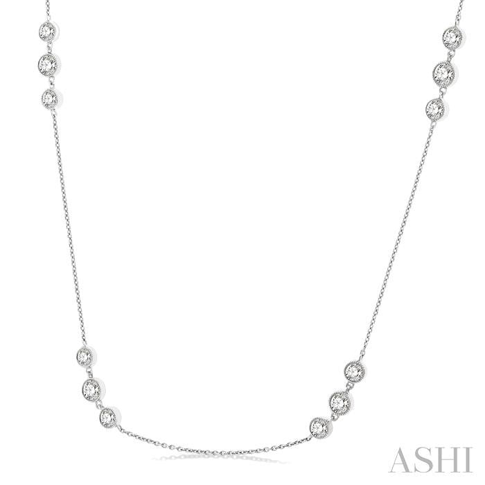 2 Ctw Three Stone Bezel Set Round Cut Diamond Station Necklace in 14K White Gold
