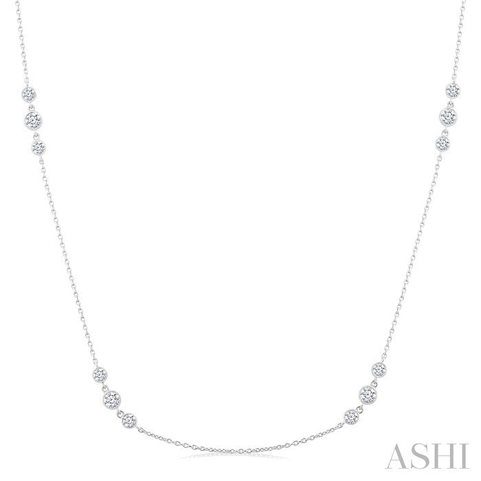 3/4 Ctw Three Stone Bezel Set Round Cut Diamond Station Necklace in 14K White Gold