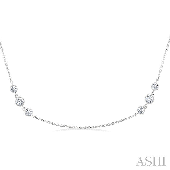 3/4 Ctw Three Stone Bezel Set Round Cut Diamond Station Necklace in 14K White Gold