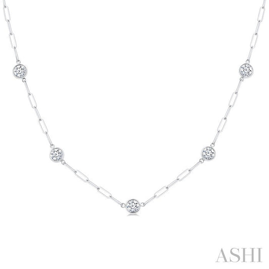 1 1/2 Ctw Bezel Set Round Cut Diamond Paperclip Station Necklace in 14K White Gold