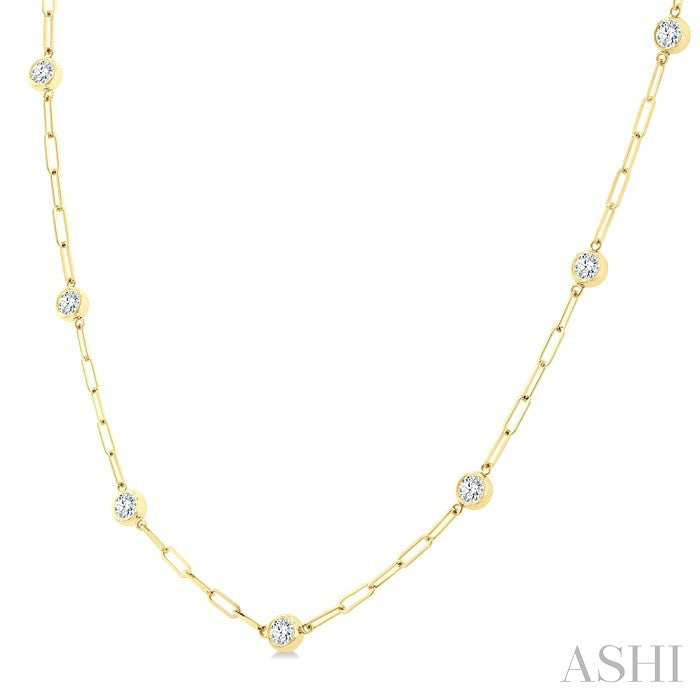 1 Ctw Bezel Set Round Cut Diamond Paperclip Station Necklace in 14K Yellow Gold