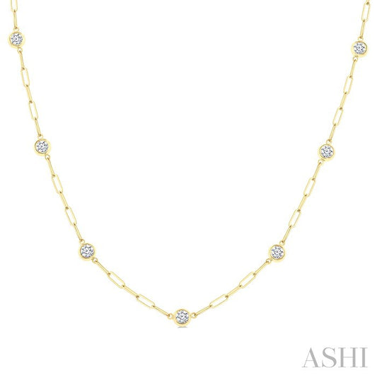 1 Ctw Bezel Set Round Cut Diamond Paperclip Station Necklace in 14K Yellow Gold