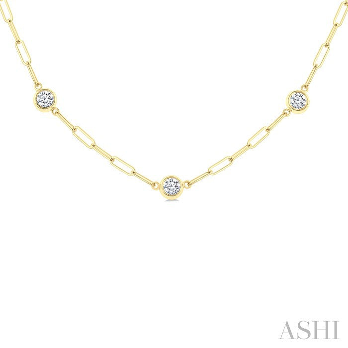 1 Ctw Bezel Set Round Cut Diamond Paperclip Station Necklace in 14K Yellow Gold