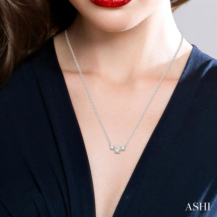 3/4 Ctw Three Stone Round Cut Diamond Past Present and Future Necklace in 14K White Gold