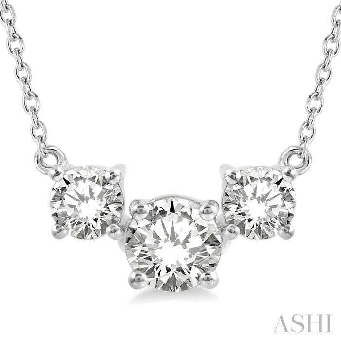 3/4 Ctw Three Stone Round Cut Diamond Past Present and Future Necklace in 14K White Gold