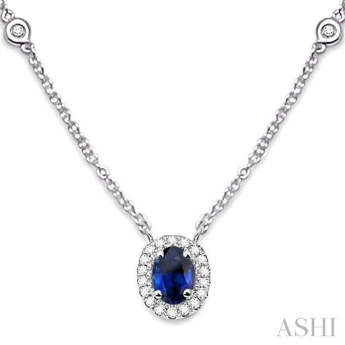 6X4 MM Oval Cut Sapphire and 1/6 Ctw Round Cut Diamond Precious Necklace in 14K White Gold