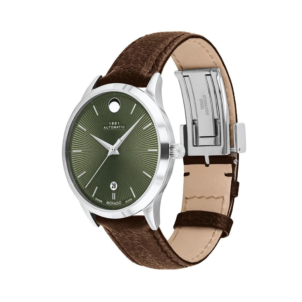 Movado Mov Auto SS/Green Dial/ Brn Leather 1881 Me-Rou 0607853