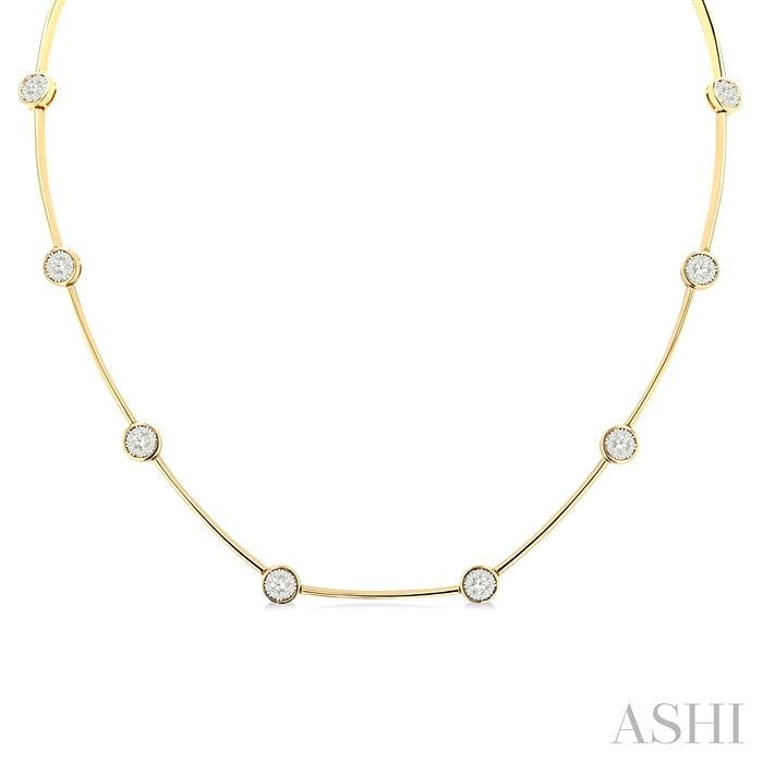 1 1/2 Ctw Lovebright Circular Mount & Bar Link Round Cut Diamond Choker Necklace in 14K Yellow and White Gold