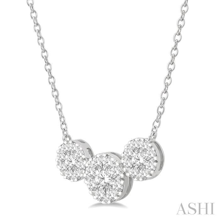 1 1/2 Ctw 3-Stone Past Present and Future Lovebright Round Cut Diamond Necklace in 14K White Gold
