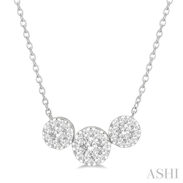 1 1/2 Ctw 3-Stone Past Present and Future Lovebright Round Cut Diamond Necklace in 14K White Gold