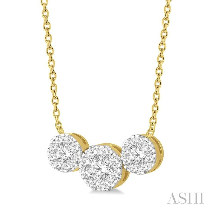 3/4 Ctw 3-Stone Past Present and Future Lovebright Round Cut Diamond Necklace in 14K Yellow and White Gold