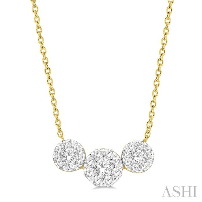 3/4 Ctw 3-Stone Past Present and Future Lovebright Round Cut Diamond Necklace in 14K Yellow and White Gold