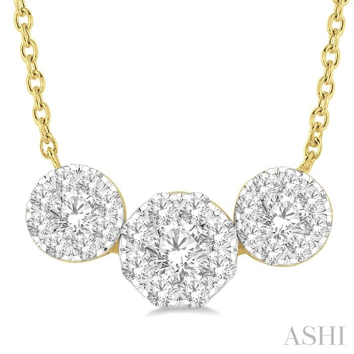 3/4 Ctw 3-Stone Past Present and Future Lovebright Round Cut Diamond Necklace in 14K Yellow and White Gold