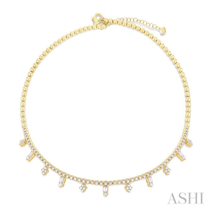 2 1/2 Ctw Geometric Dangle Accent Emerald and Round Cut Diamond Bead Bijoux Choker Necklace in 14K Yellow Gold