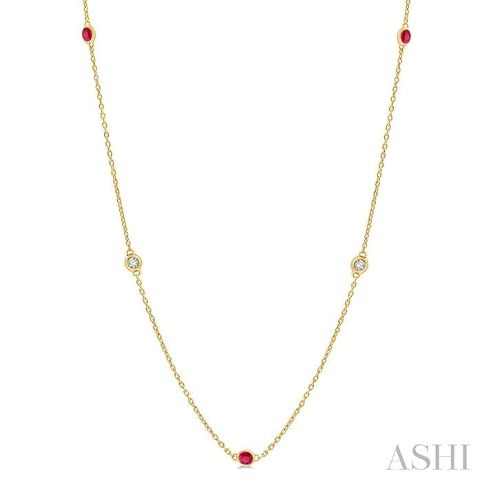 2.25 MM Ruby and 1/4 Ctw Round Cut Diamond Precious Station Necklace in 14K Yellow Gold