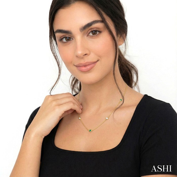 2.6 MM Emerald and 3/8 Ctw Round Cut Diamond Precious Station Necklace in 14K Yellow Gold