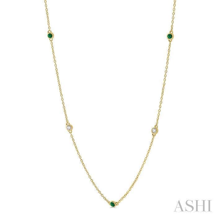2.6 MM Emerald and 3/8 Ctw Round Cut Diamond Precious Station Necklace in 14K Yellow Gold
