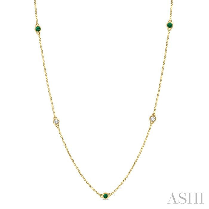 2.6 MM Emerald and 3/8 Ctw Round Cut Diamond Precious Station Necklace in 14K Yellow Gold