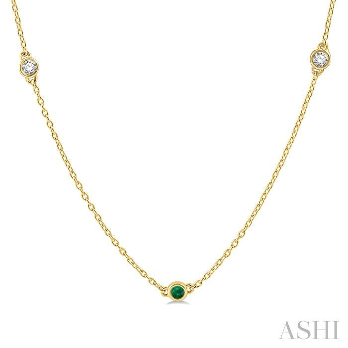 2.6 MM Emerald and 3/8 Ctw Round Cut Diamond Precious Station Necklace in 14K Yellow Gold