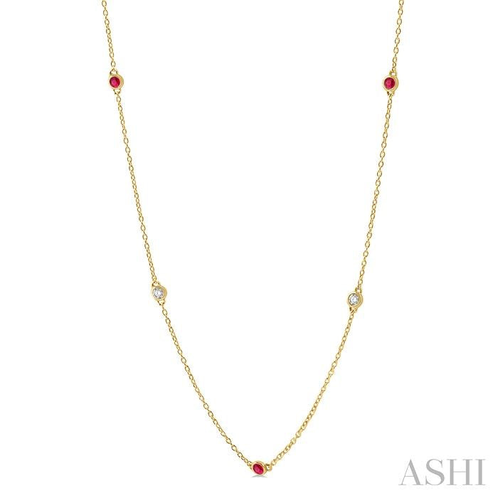 2.6 MM Ruby and 3/8 Ctw Round Cut Diamond Precious Station Necklace in 14K Yellow Gold
