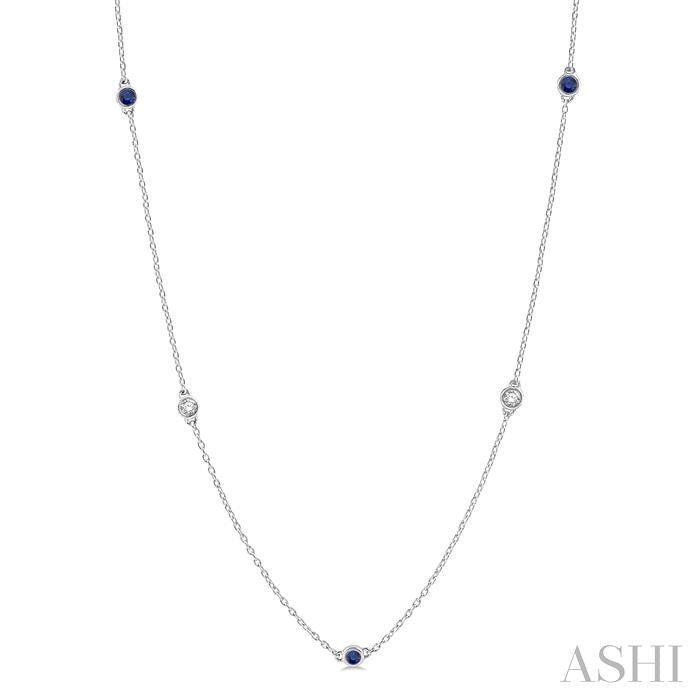 2.6 MM Sapphire and 3/8 Ctw Round Cut Diamond Precious Station Necklace in 14K White Gold