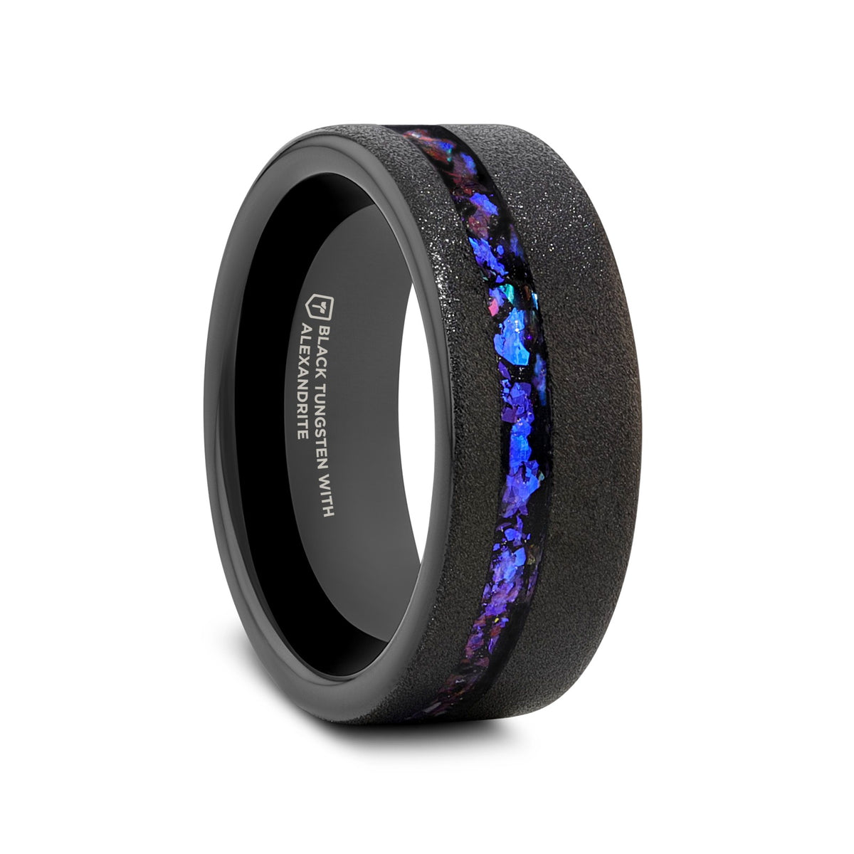 MIRAGE Sandblasted Black Tungsten Ring with Crushed Alexandrite and Dark Blue & Purple Crushed Goldstone - 8mm