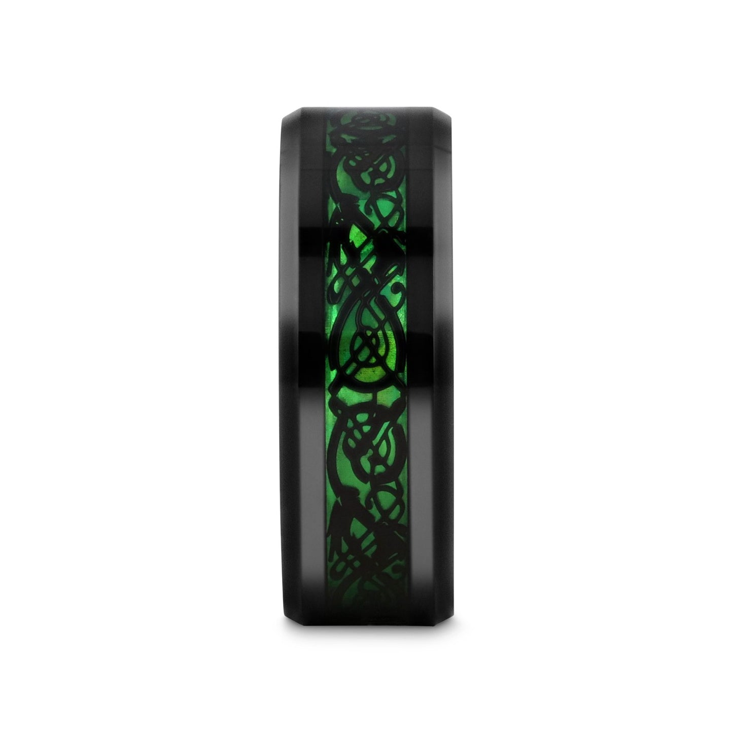 ALLURE Black Dragon Design With Green Background Inlaid Black Tungsten Men's Ring With Clear Coating And Beveled Edge - 