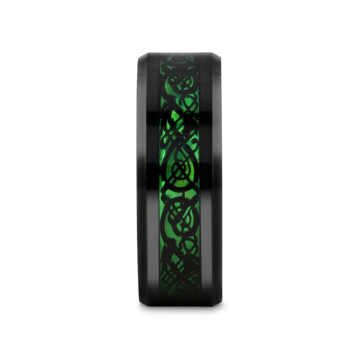 ALLURE Black Dragon Design With Green Background Inlaid Black Tungsten Men's Ring With Clear Coating And Beveled Edge - 