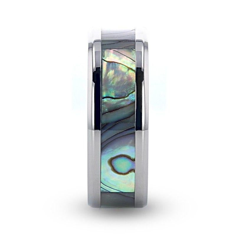 KAUI Titanium Polished Finish Mother Of Pearl Inlaid Men’s Beveled Wedding Band - 6mm & 8mm