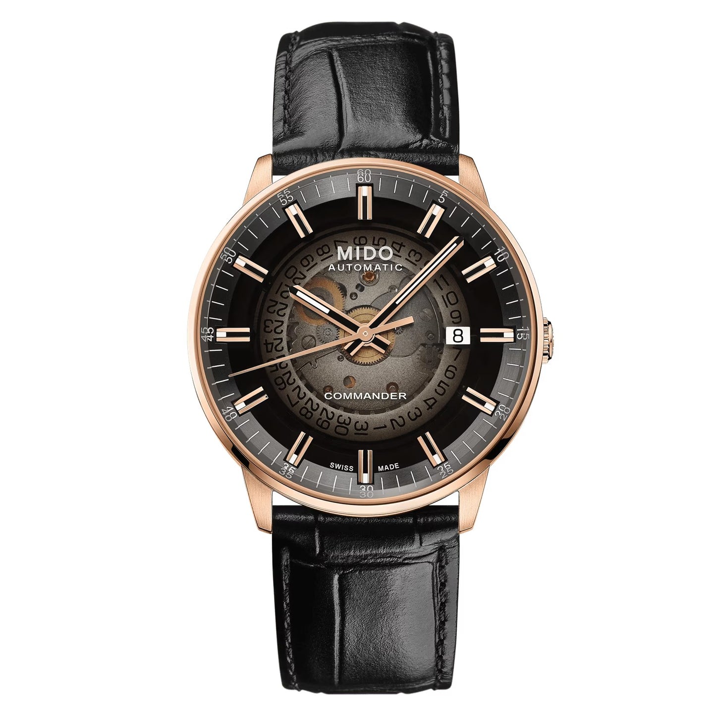 MIDO Commander Gradient Black See-Through Dial -Rose Gold-Tone PVD Stainless Steel Watch with Black Leather Strap- 40mm