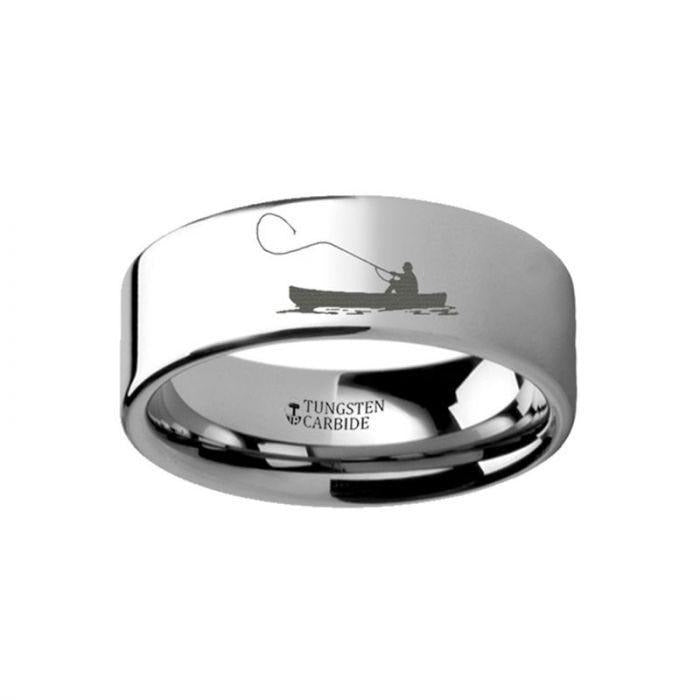 Hunting Landscape Scene Fishing Boat Fishermen Fish Engraved Flat Tungsten Ring - 4mm - 12mm - 8mm