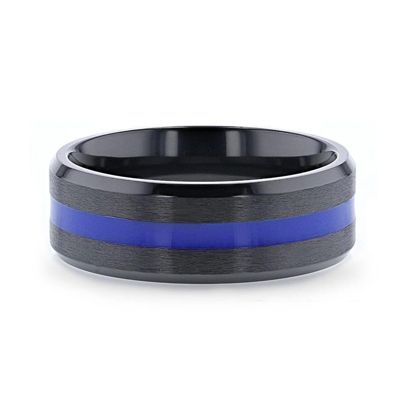 JACKSEN Black Titanium Men's Wedding Band Beveled Black Titanium With Blue Stripe Inlaid Brushed Finish Center And Polis