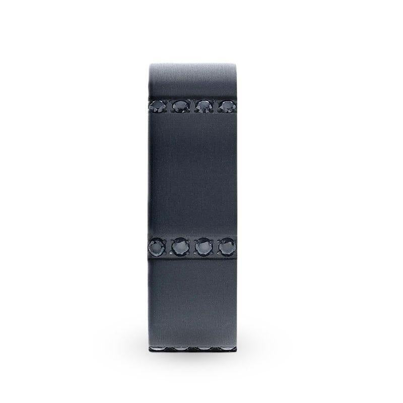 MYSTERIOUS Flat Brushed Black Titanium Men's Wedding Ring With 6 Sets of Quadruple Black Sapphires In Horizontal Channel