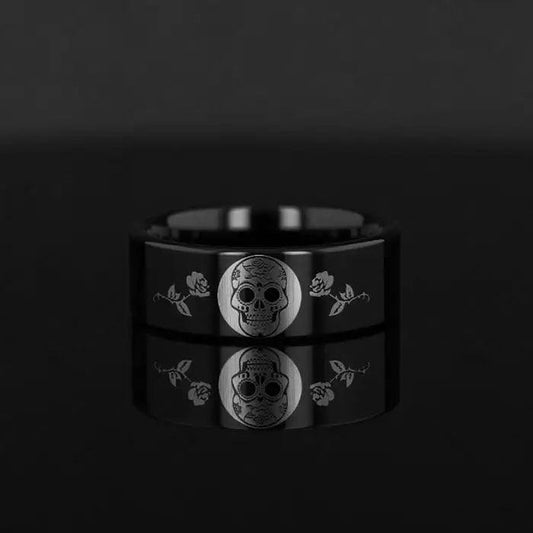 Day of the Dead Skull Engraved Print Flat Polished Black Tungsten Ring (Morpheus) - 4mm - 12mm - 6mm