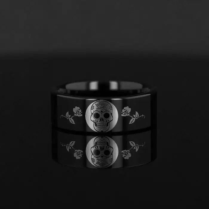 Day of the Dead Skull Engraved Print Flat Polished Black Tungsten Ring (Morpheus) - 4mm - 12mm - 6mm