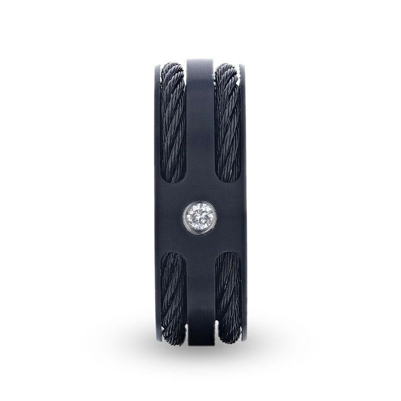 NOIR Double Black Rope Inlaid Brushed Matte Black Titanium Men's Wedding Band With Black Edge Channel Setting And White 